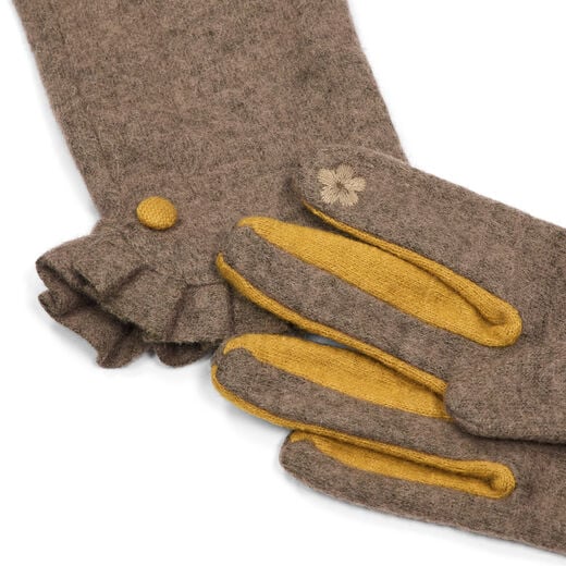 Grey and yellow frill wool gloves